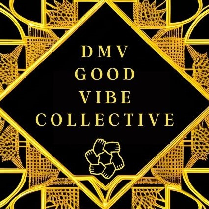 Black Back Ground with Gold Accents and gold many seven hands holding each other to make a flower with the words dmv good vibe collective in gold.